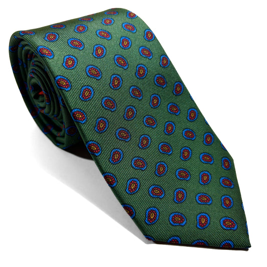 Slim Screen-Printed Green Paisley Foulard Silk Tie-0