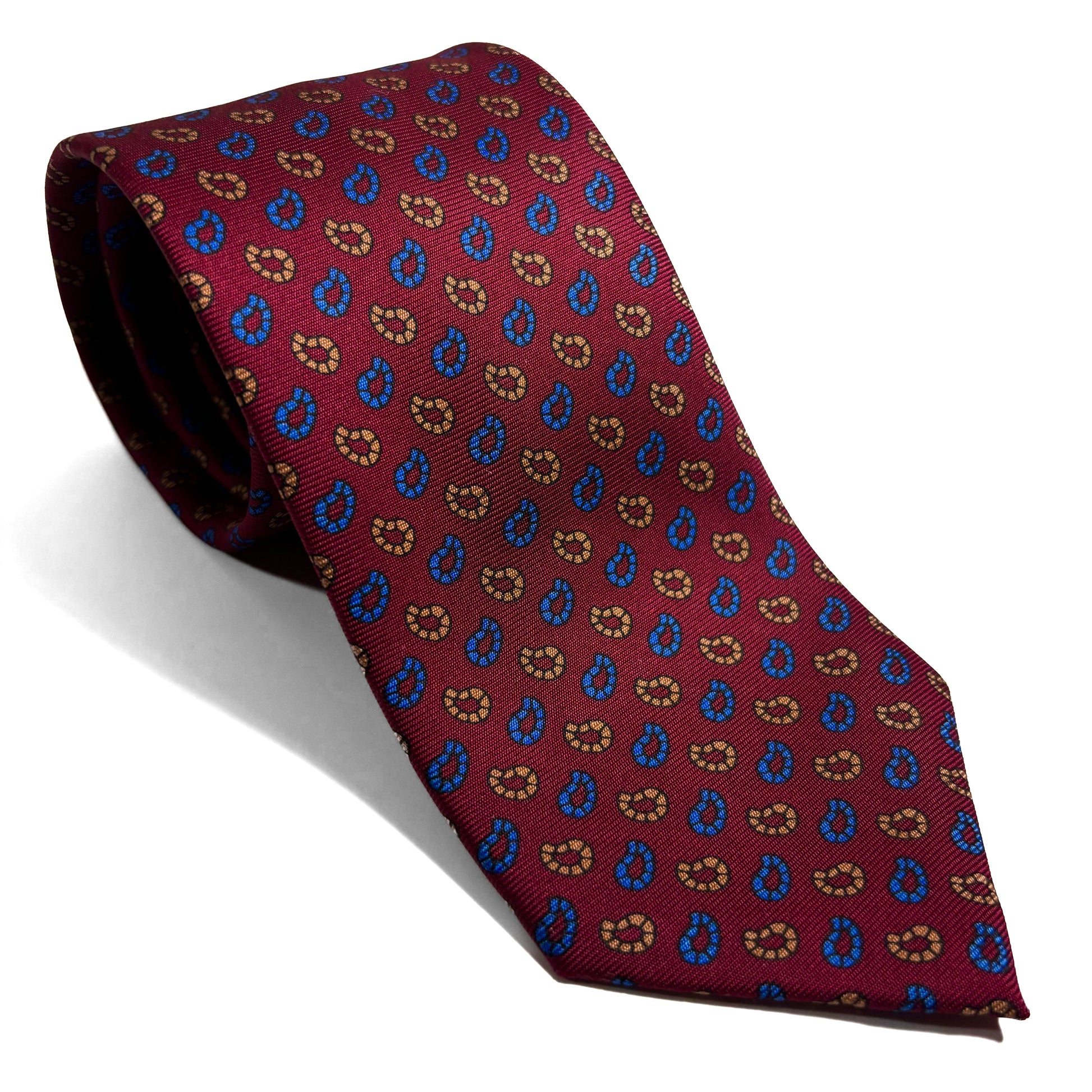 Hand-Printed Burgundy Small Paisley Silk Tie-0