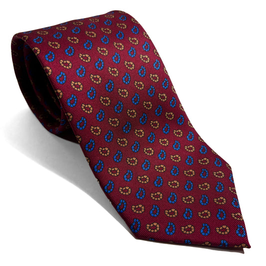 Hand-Printed Burgundy Small Paisley Silk Tie-0