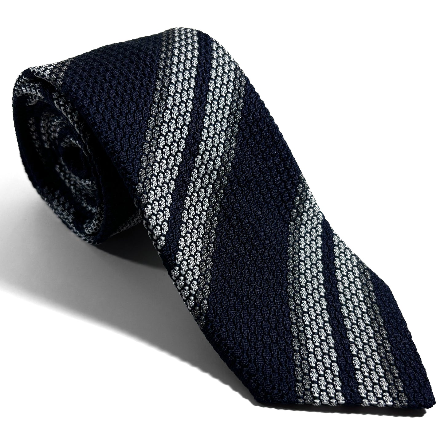 Navy Blue & White Striped Silk Grenadine Tie (Garza Grossa)-0