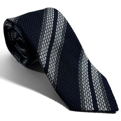 Navy Blue & White Striped Silk Grenadine Tie (Garza Grossa)-0