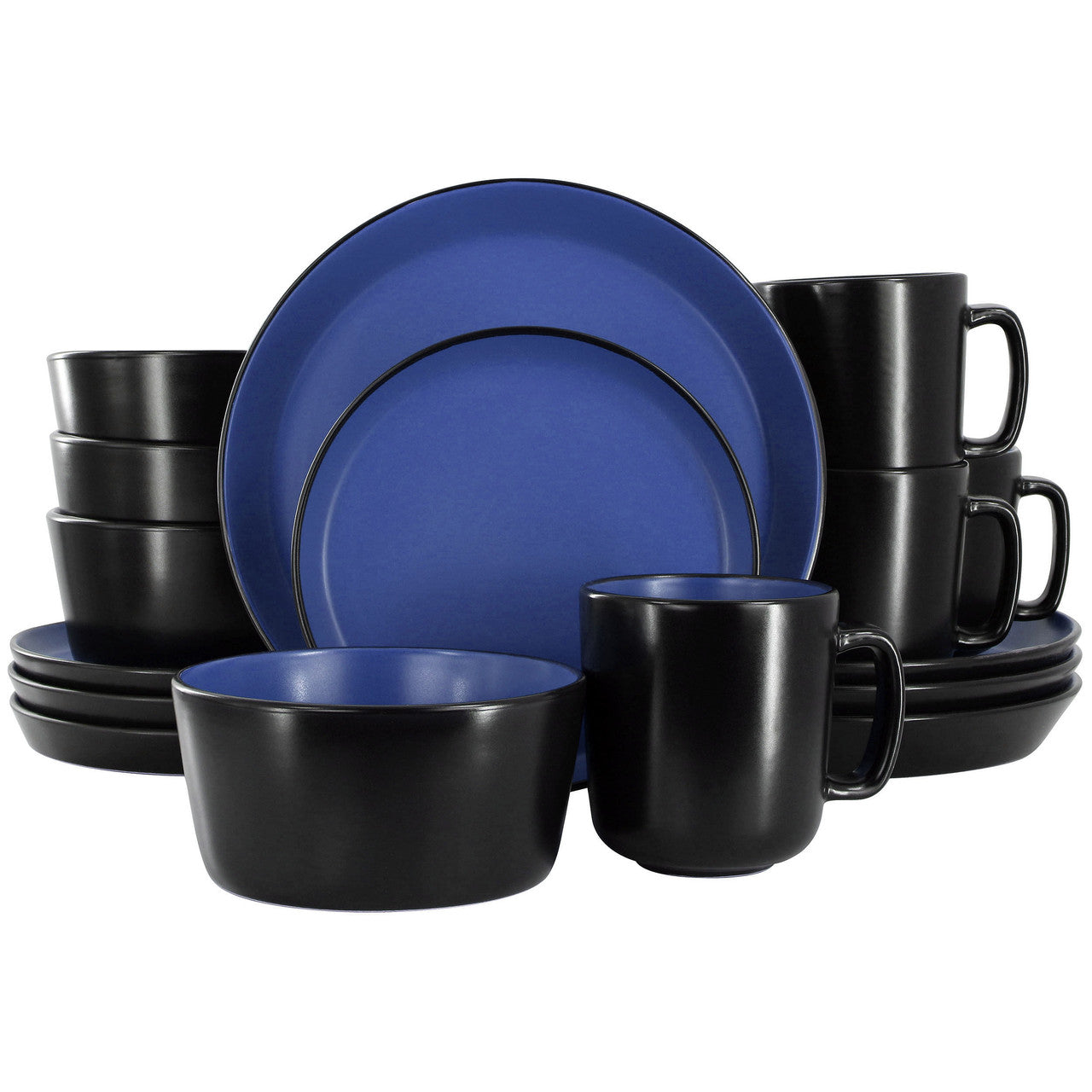 Elama Bacarra 16 Piece Stoneware Dinnerware Set in Two Tone Black and Blue-0