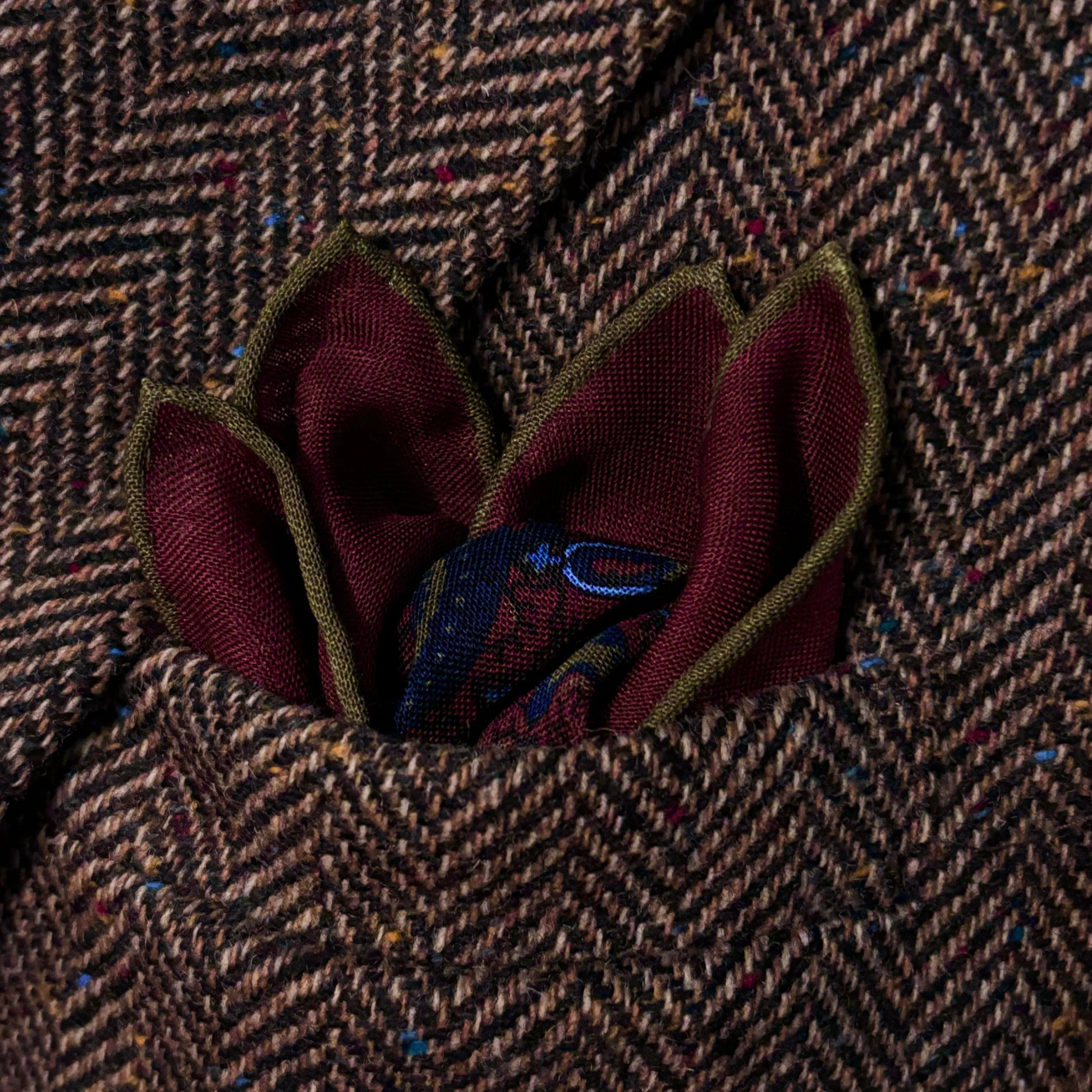 Dominus - Burgundy & Olive Green - Wool/Silk Pocket Square-1