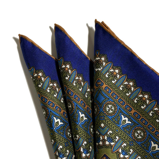 Navy Blue & Green Paisley Silk Pocket Square-1