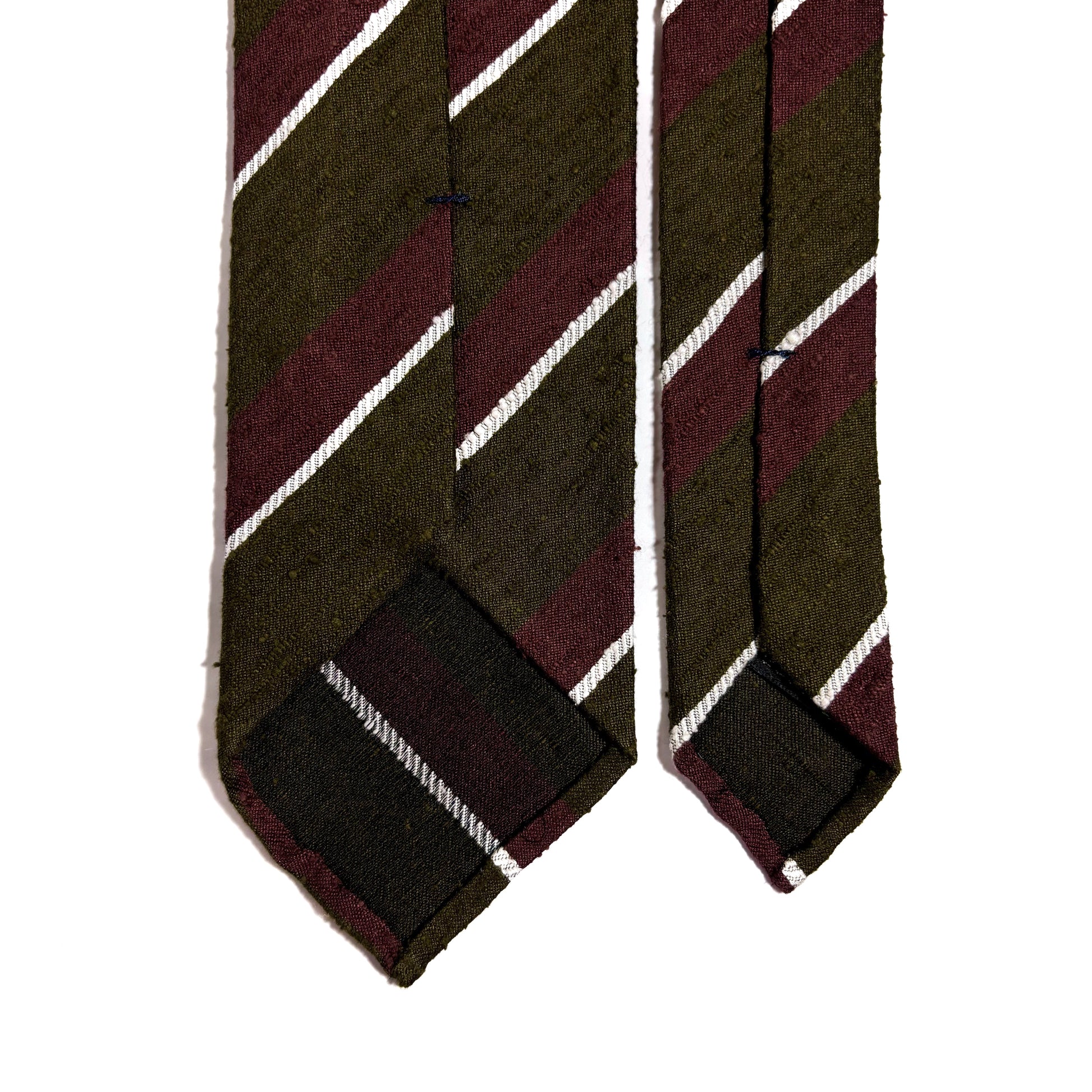 Untipped Olive Green / Brown Striped Silk Shantung Tie-3