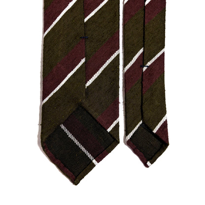 Untipped Olive Green / Brown Striped Silk Shantung Tie-3