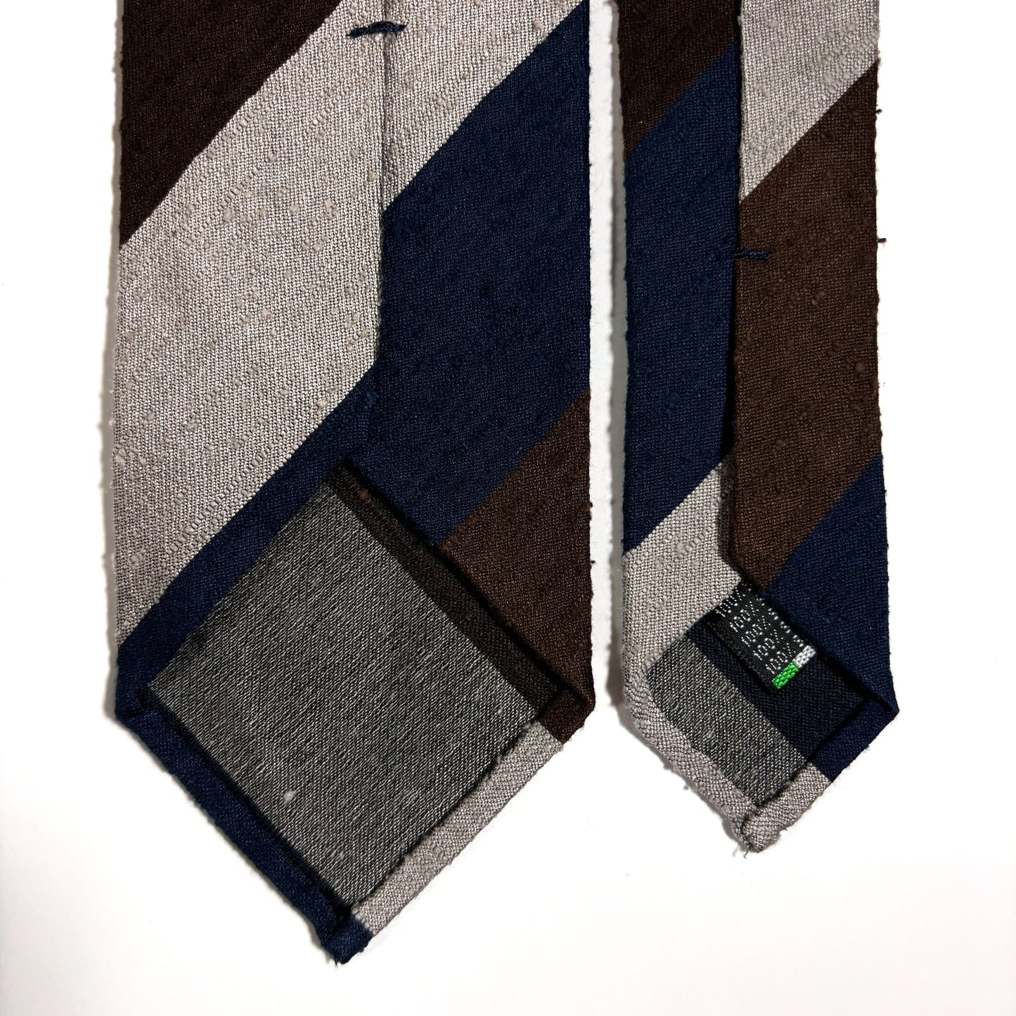 Navy Blue / Silver / Brown Block Stripe Untipped Silk Shantung Tie-3