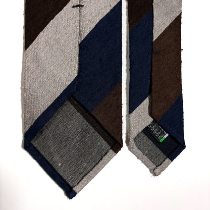 Navy Blue / Silver / Brown Block Stripe Untipped Silk Shantung Tie-3
