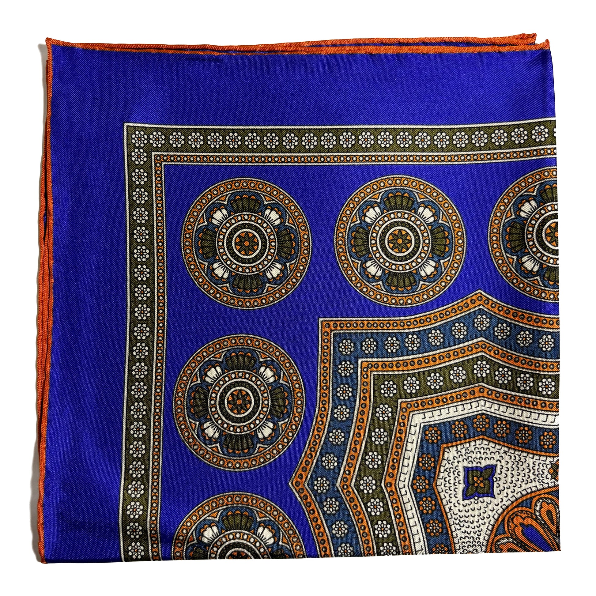 Regal Indigo & Orange Medallion Silk Pocket Square-0