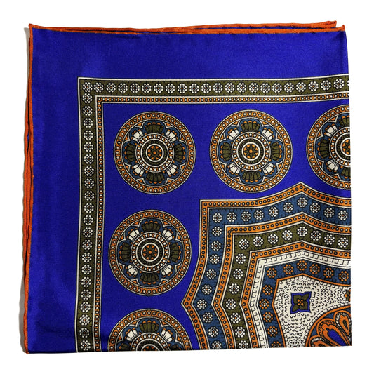 Regal Indigo & Orange Medallion Silk Pocket Square-0