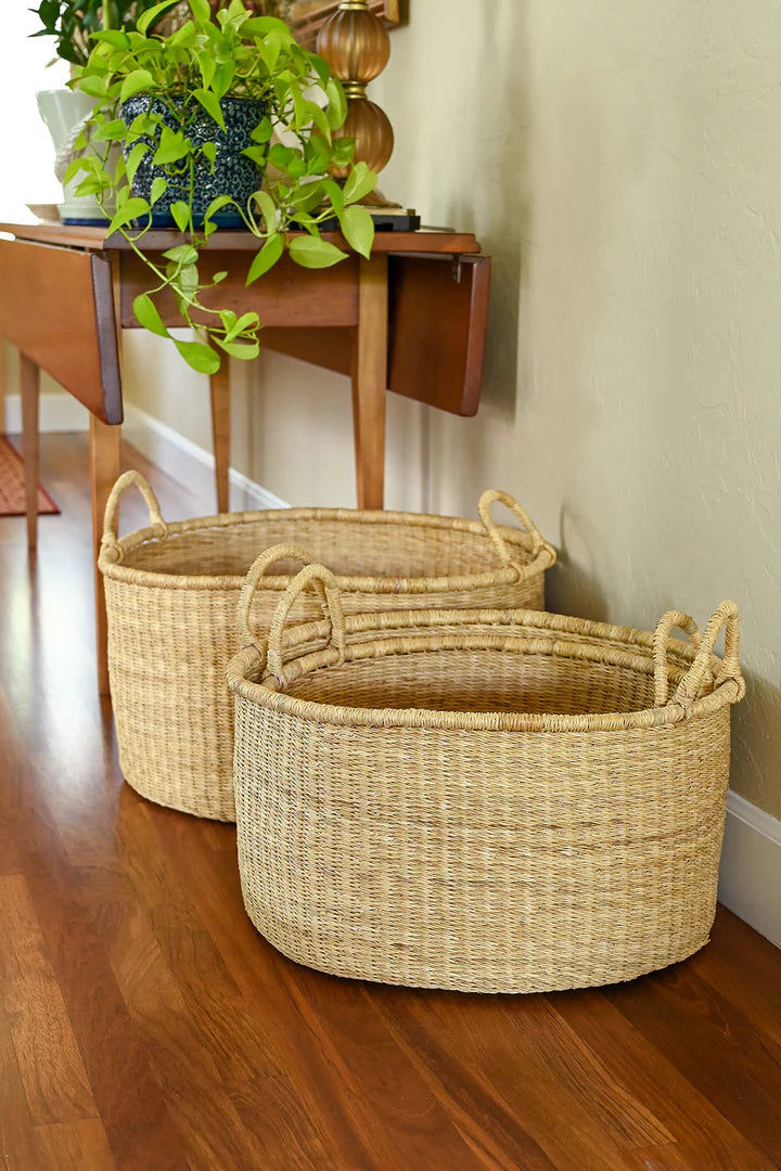Set of Three Natural Woven Grass Floor Baskets with Handles