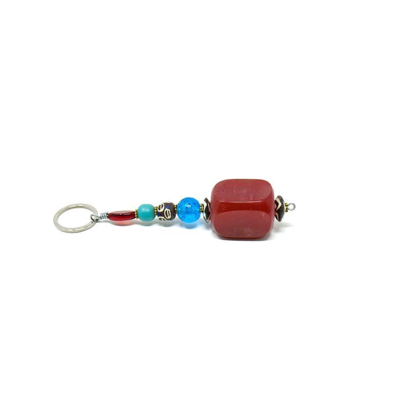Key Chain Rectangle | Maroon Synthetic Amber & Assorted Beads-0