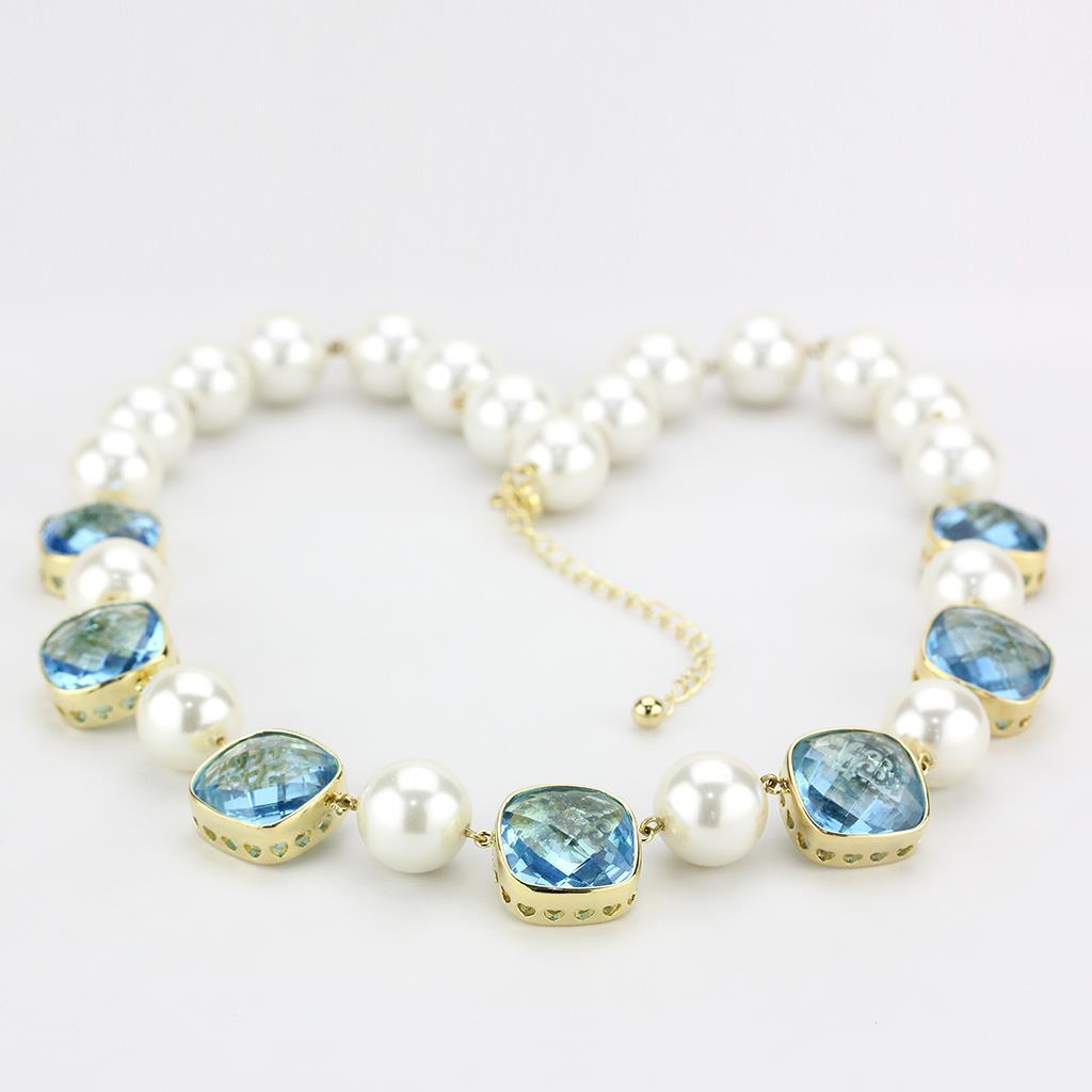 LO4706 - Gold Brass Necklace with Synthetic Synthetic Glass in Sea Blue-2