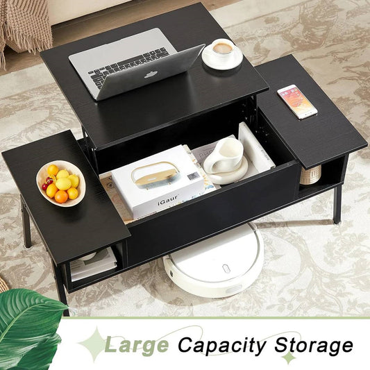 Modern Lift-Top Coffee Table Laptop Desk with Storage Shelf in Black Wood Finish