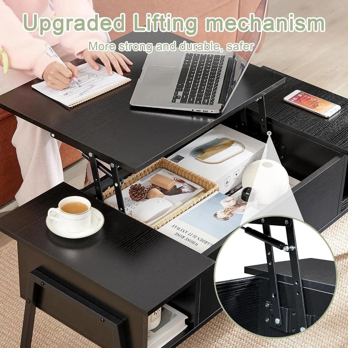 Modern Lift-Top Coffee Table Laptop Desk with Storage Shelf in Black Wood Finish