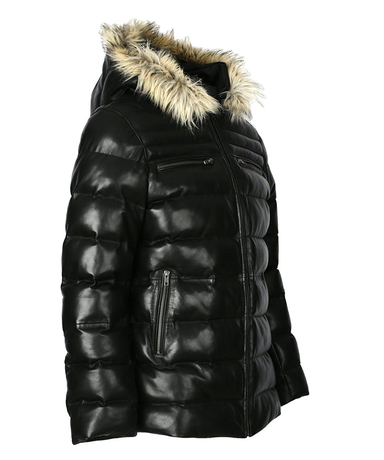 Mens Jeremiah Puffer Leather Jacket with Fur Hoodie (Black)-1