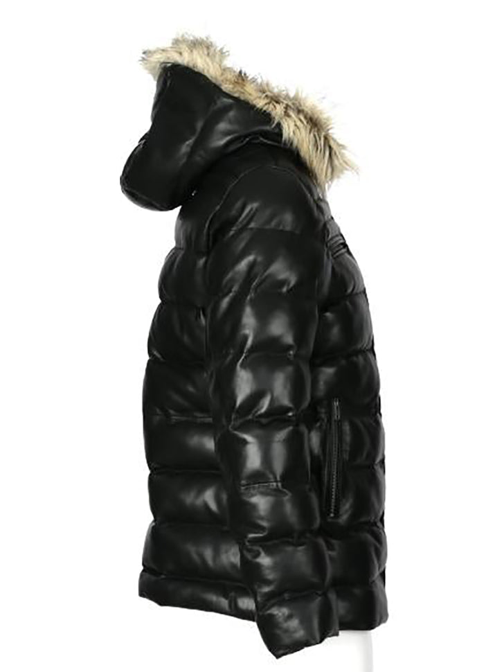 Mens Jeremiah Puffer Leather Jacket with Fur Hoodie (Black)-2