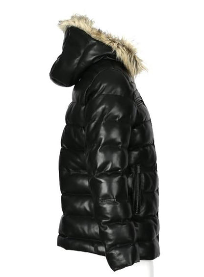 Mens Jeremiah Puffer Leather Jacket with Fur Hoodie (Black)-2