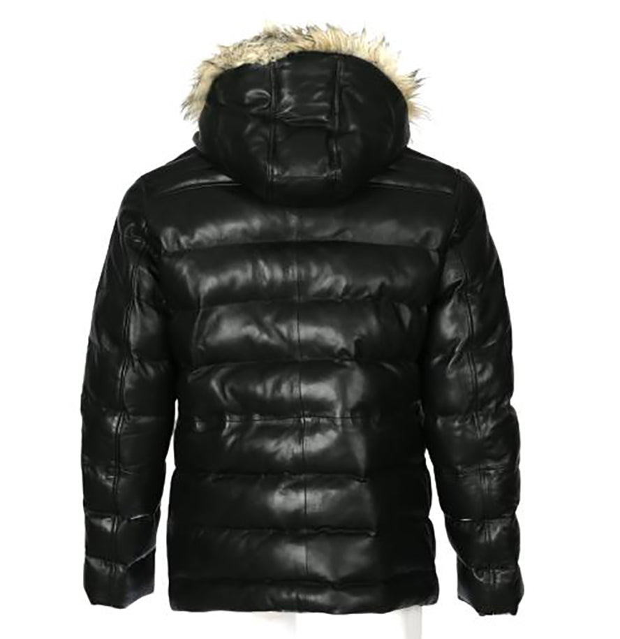 Mens Jeremiah Puffer Leather Jacket with Fur Hoodie (Black)-3