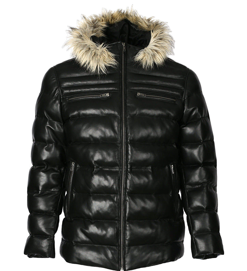 Mens Jeremiah Puffer Leather Jacket with Fur Hoodie (Black)-0