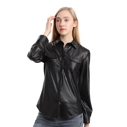 Nightclub Women's Genuine Leather Buttoned Long Sleeve Shirt-1