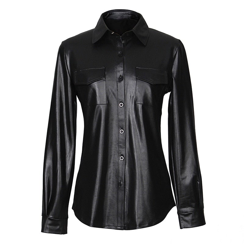 Nightclub Women's Genuine Leather Buttoned Long Sleeve Shirt-2