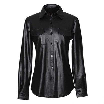 Nightclub Women's Genuine Leather Buttoned Long Sleeve Shirt-2