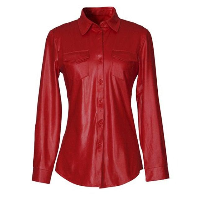 Nightclub Women's Genuine Leather Buttoned Long Sleeve Shirt-3