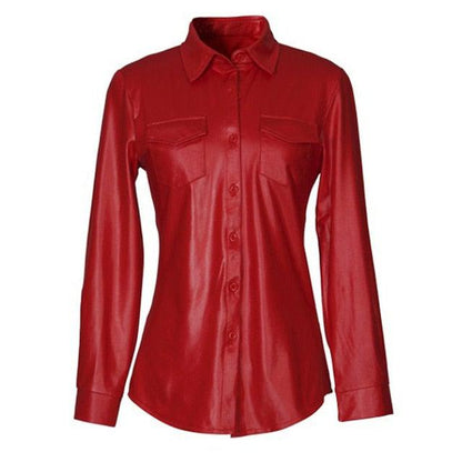 Nightclub Women's Genuine Leather Buttoned Long Sleeve Shirt-3