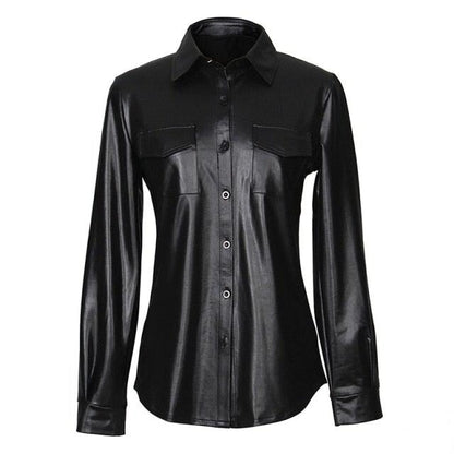 Nightclub Women's Genuine Leather Buttoned Long Sleeve Shirt-4
