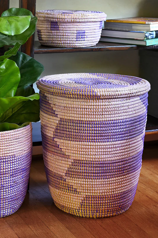 3 Lavender & Purple Herringbone Flat Lid Hamper Basket