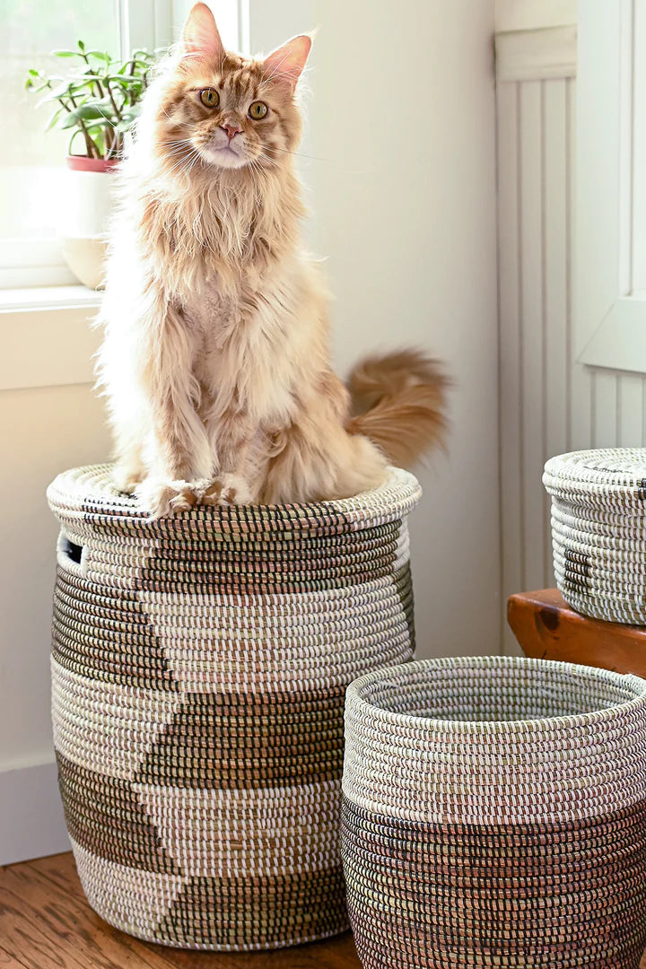 3 Black & White Herringbone Flat Lid Hamper Basket