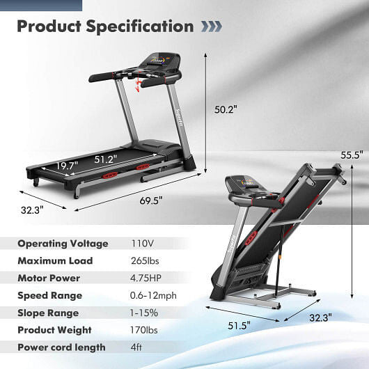 4.75 HP Folding Treadmill with Auto Incline and 20 Preset Programs-Black-2