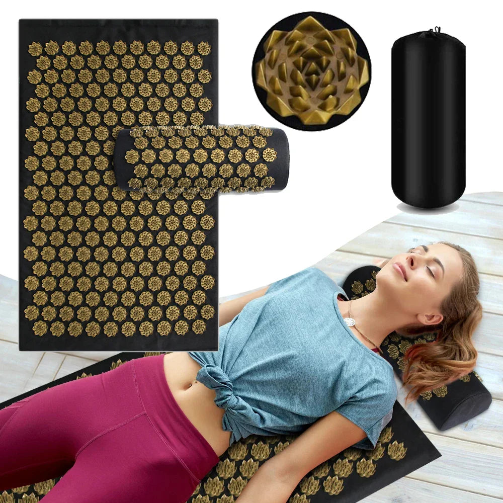 3PCS Acupressure Yoga Mat And Pillow Set Massage Cushion Gold-1