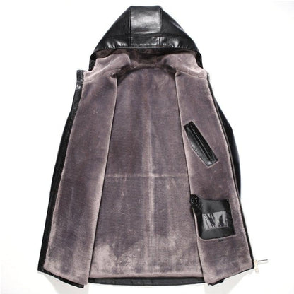 Sewn Mens Fur Lined 3/4 Length Hooded Leather Coat-1