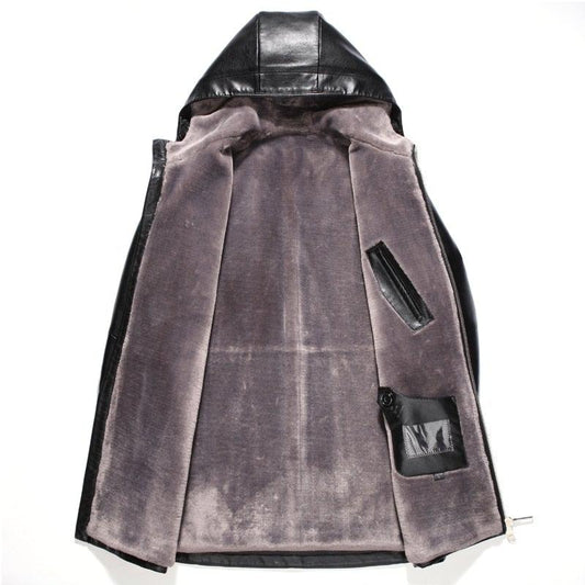 Sewn Mens Fur Lined 3/4 Length Hooded Leather Coat-1