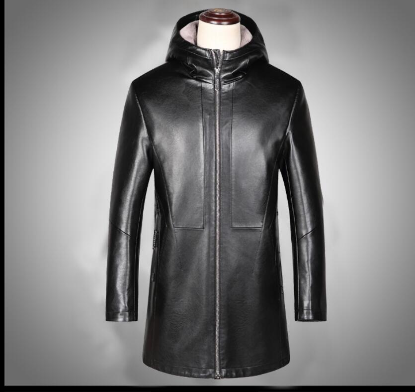 Sewn Mens Fur Lined 3/4 Length Hooded Leather Coat-2