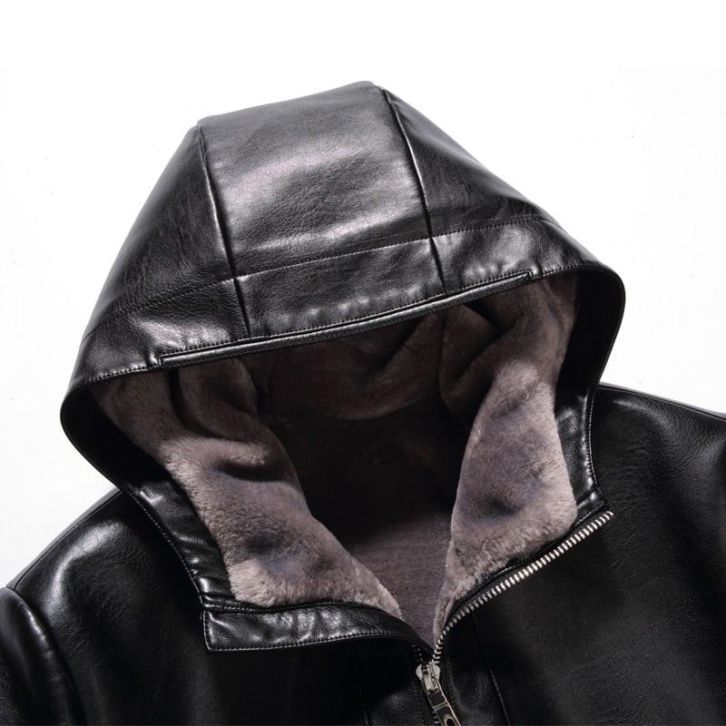 Sewn Mens Fur Lined 3/4 Length Hooded Leather Coat-3