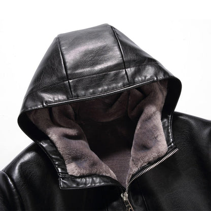 Sewn Mens Fur Lined 3/4 Length Hooded Leather Coat-3