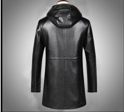 Sewn Mens Fur Lined 3/4 Length Hooded Leather Coat-4