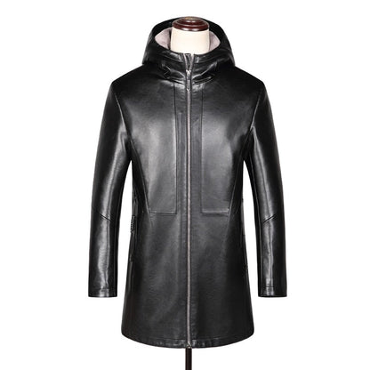 Sewn Mens Fur Lined 3/4 Length Hooded Leather Coat-0