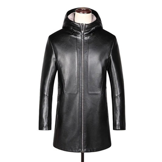 Sewn Mens Fur Lined 3/4 Length Hooded Leather Coat-0