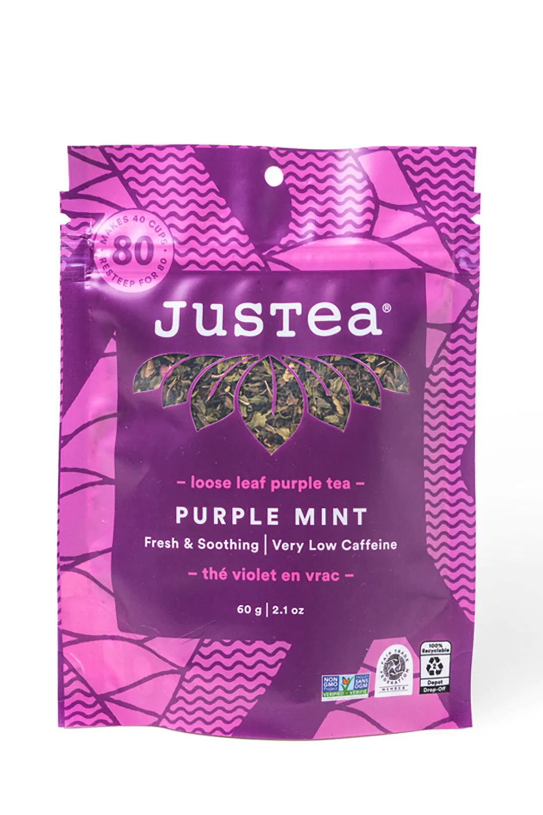 JusTea PURPLE MINT | Loose Leaf Purple Tea | Tin with Hand Carved Tea Spoon | 40+ Cups (2.1oz) | Very Low Caffeine | Award-Winning | Fair Trade | Non-GMO