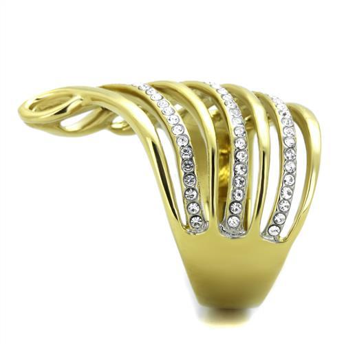 TK1909 - Two-Tone IP Gold (Ion Plating) Stainless Steel Ring with Top Grade Crystal  in Clear-3