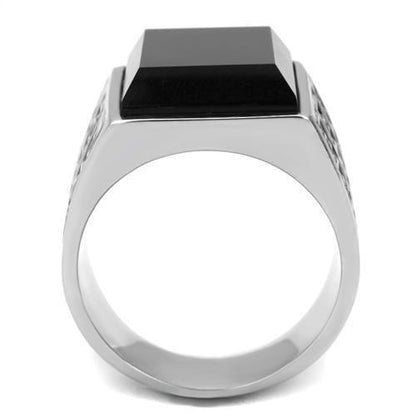 TK3076 - High polished (no plating) Stainless Steel Ring with Synthetic Onyx in Jet-2