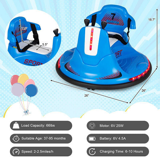 12V Kids Ride On Bumper Car with Remote Control Lights and Music-Blue-2
