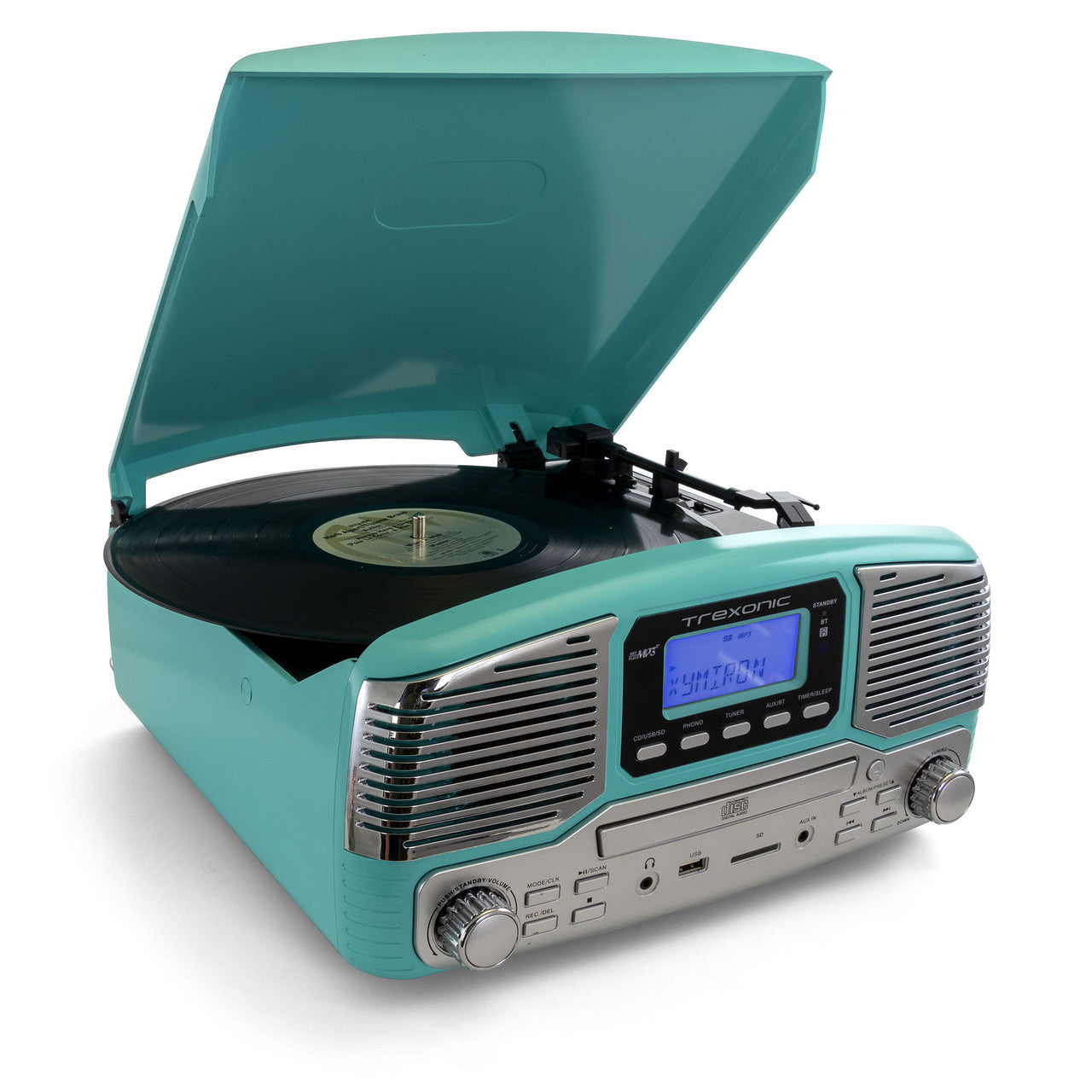 Trexonic Retro Wireless Bluetooth, Record and CD Player in Turquoise-0