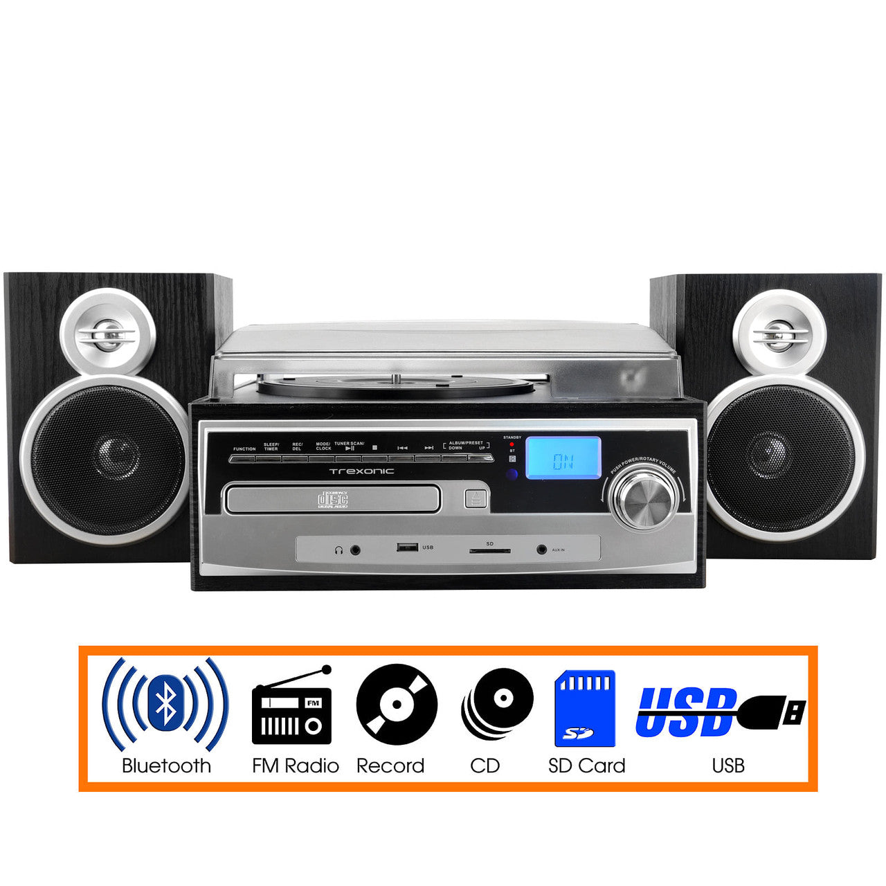 Trexonic 3-Speed Vinyl Turntable Home Stereo System with CD Player, FM Radio, Bluetooth, USB/SD Rec-0