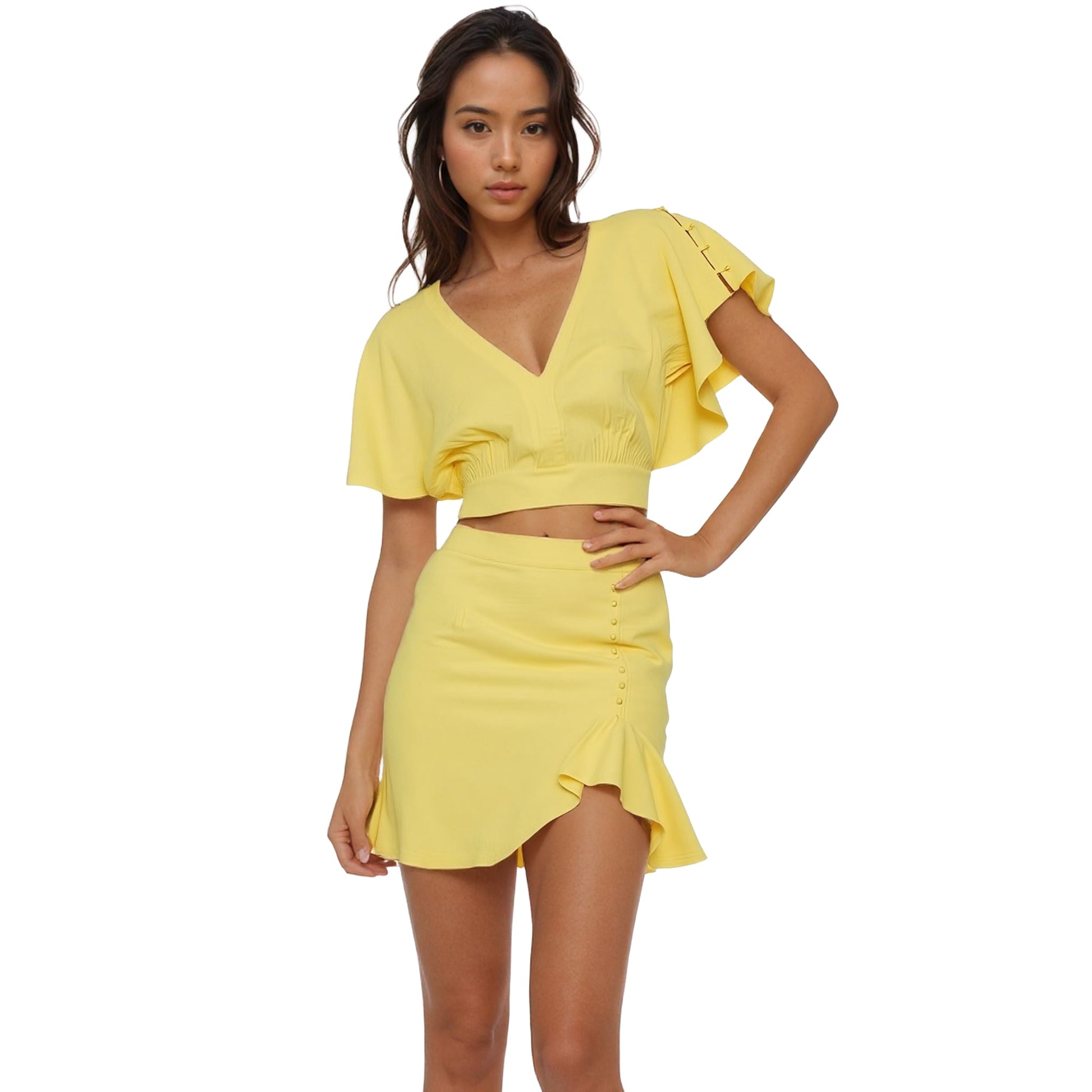 Women's Tie Waist Cape Sleeve Cropped Blouse in Yellow-1