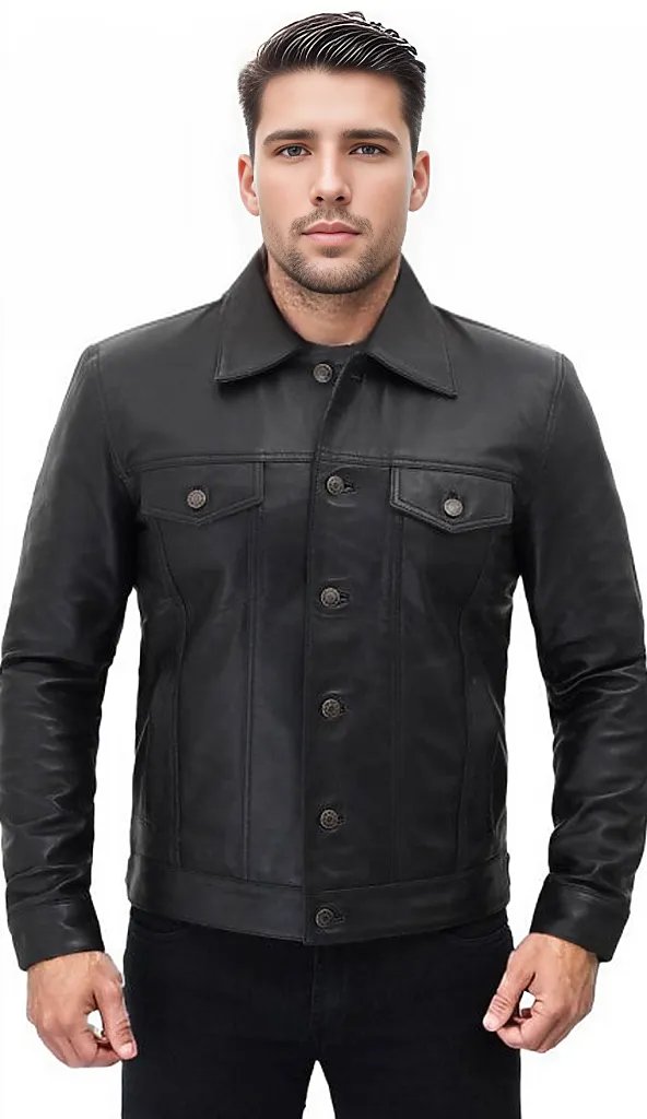 Fernando Men's Button Up Leather Shirt Black-0